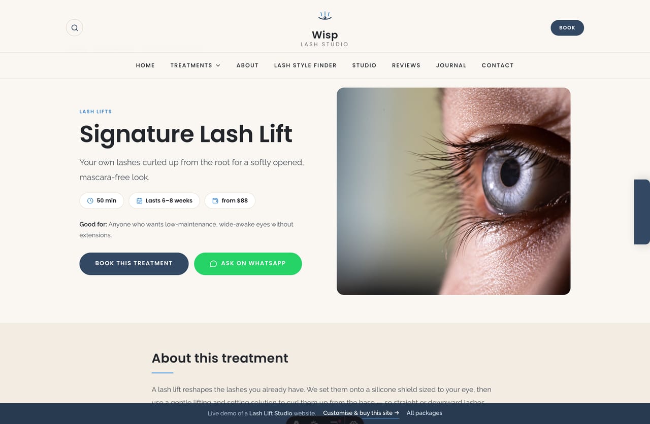 A treatment detail page on the Wisp demo — a split hero, what to expect, aftercare, from-price and a WhatsApp booking CTA
