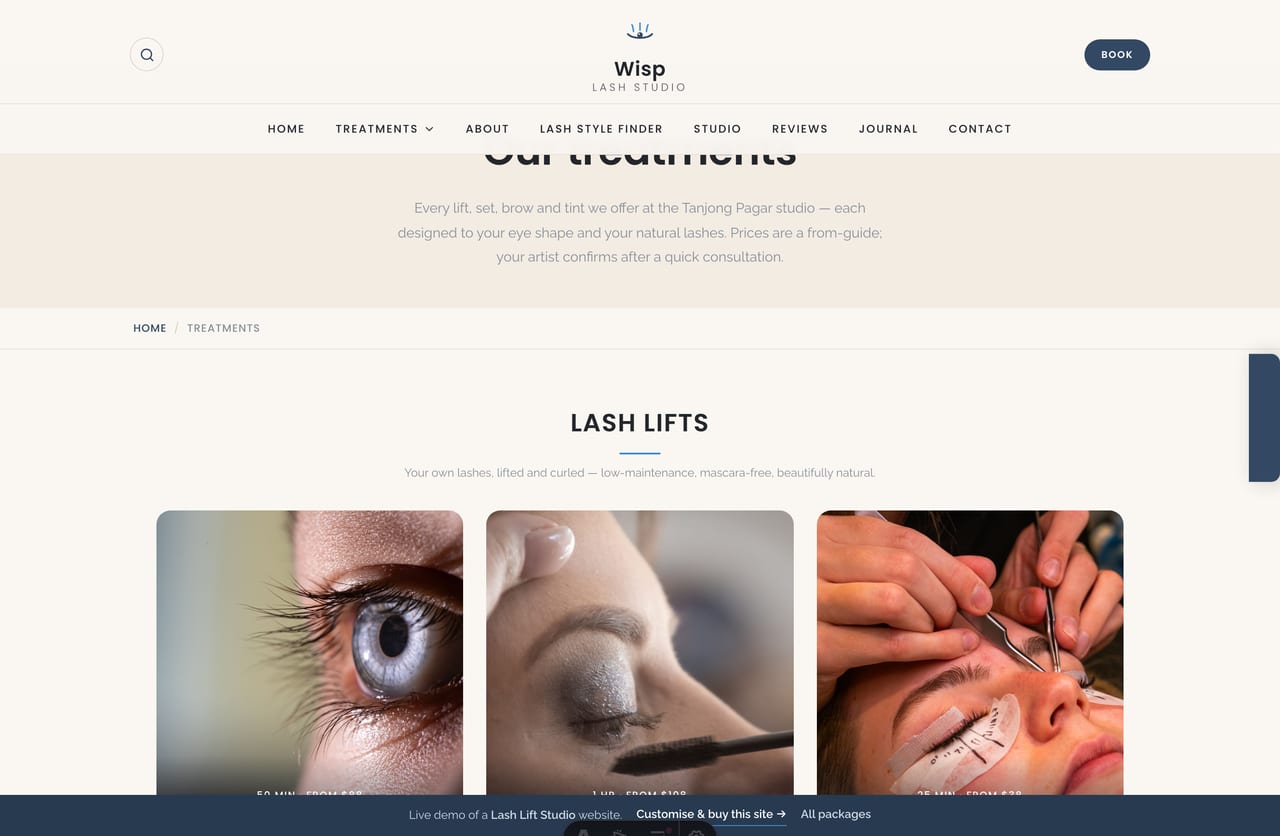 Treatments menu page on the Wisp demo — lash lifts, extensions, brows and tinting grouped by category as image-caption tiles
