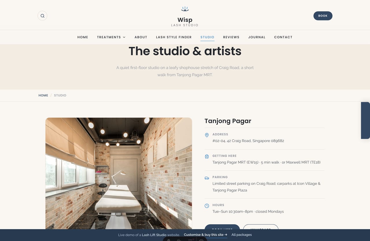 The studio & artists page on the Wisp demo — the Tanjong Pagar location with hours, MRT directions and the lash & brow artists