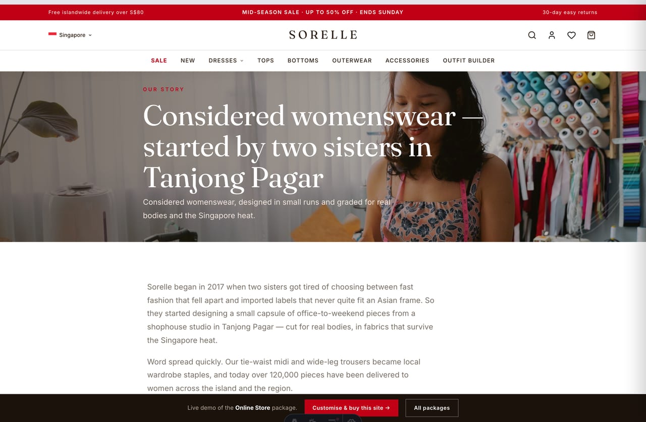 About and brand-story page for a Singapore womenswear label started by two sisters in Tanjong Pagar
