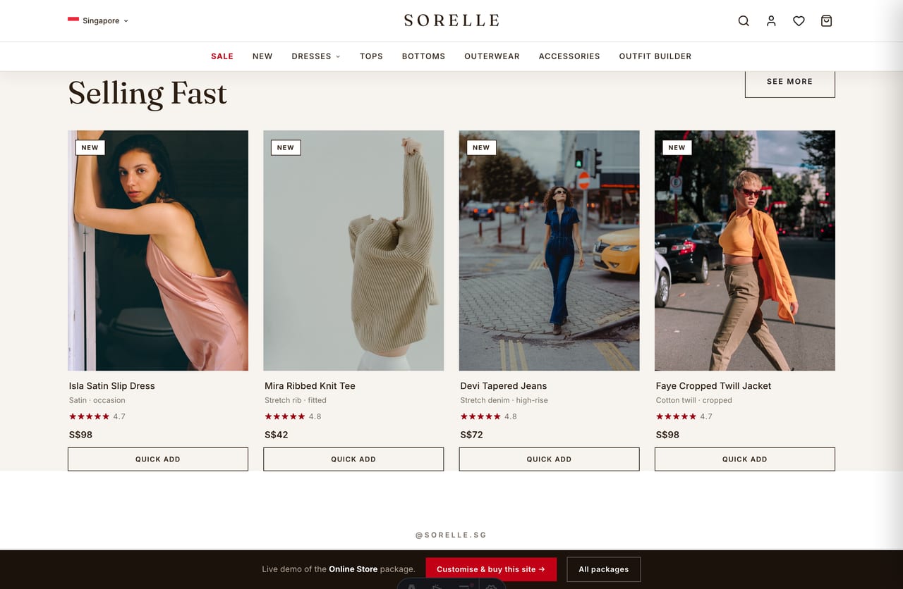 Bestseller womenswear carousel on the Sorelle fashion boutique store
