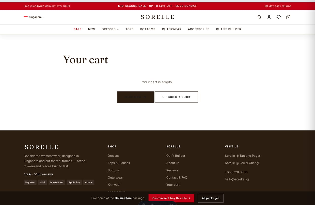 Slide-out cart drawer with a free-islandwide-delivery progress bar on the Singapore womenswear store