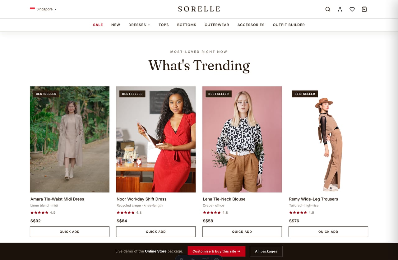 Shop-by-category tiles for a Singapore womenswear store — dresses, tops, bottoms, outerwear, knitwear and accessories