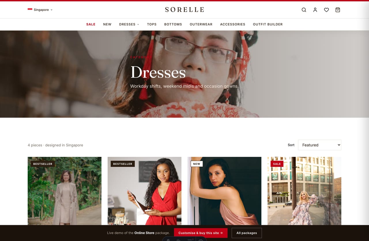 Dresses collection page with sorting on the Singapore womenswear store demo
