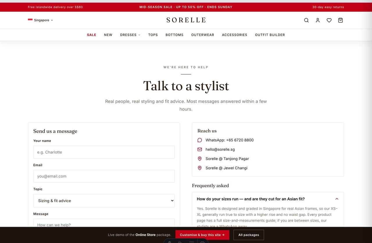 Contact, store-location and WhatsApp page on the Sorelle womenswear store demo