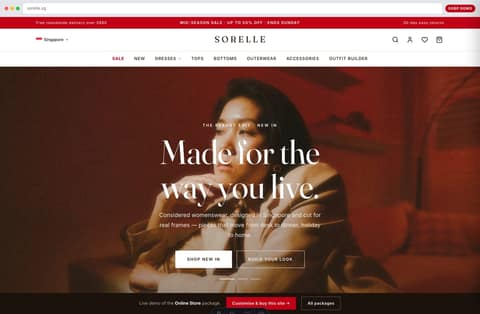 Sorelle womenswear fashion boutique online store homepage demo — editorial hero, designed-in-Singapore badges and islandwide-delivery promise
