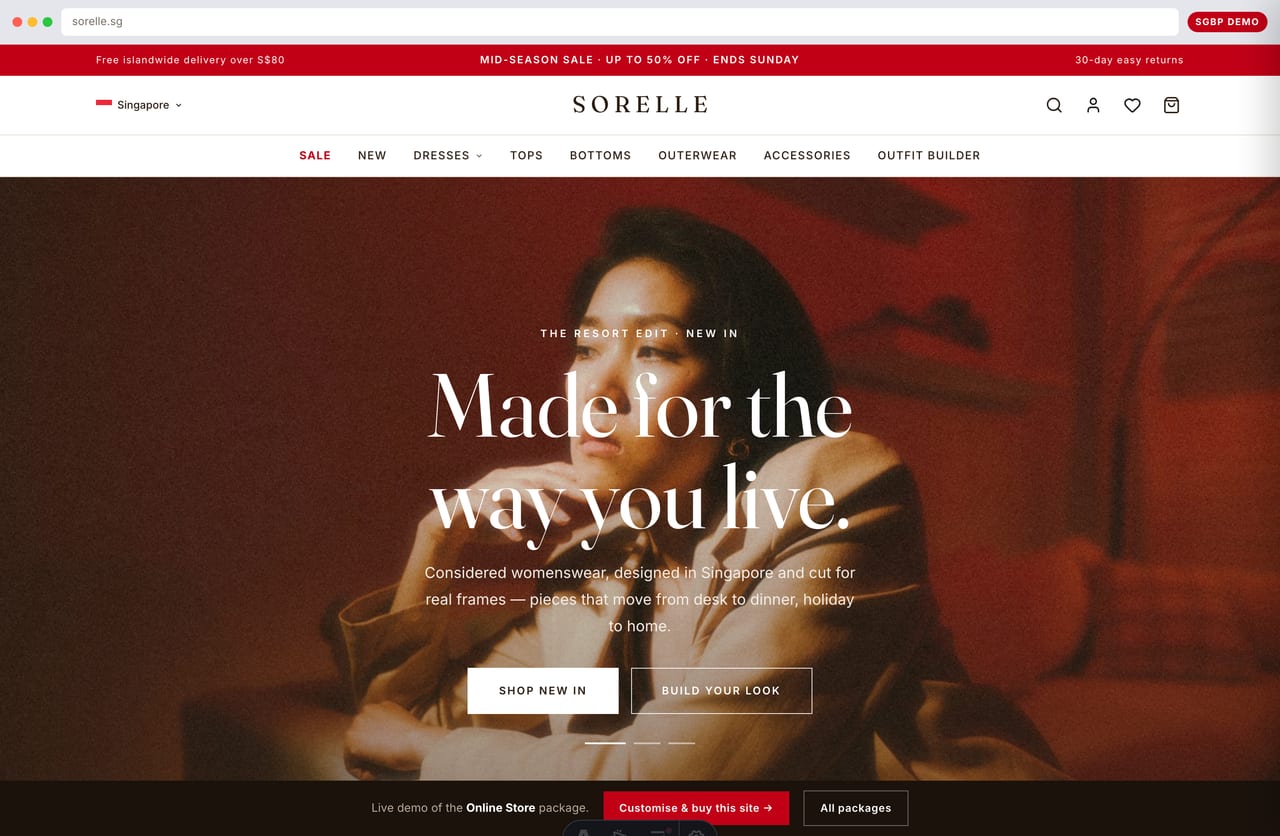 Sorelle womenswear fashion boutique online store homepage demo — editorial hero, designed-in-Singapore badges and islandwide-delivery promise