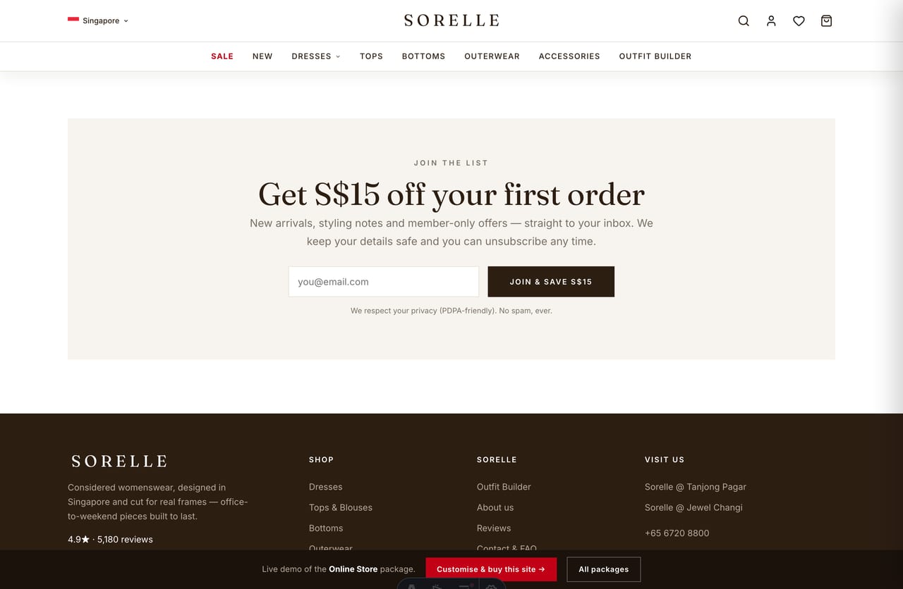 Newsletter signup with first-order discount on the Sorelle womenswear store