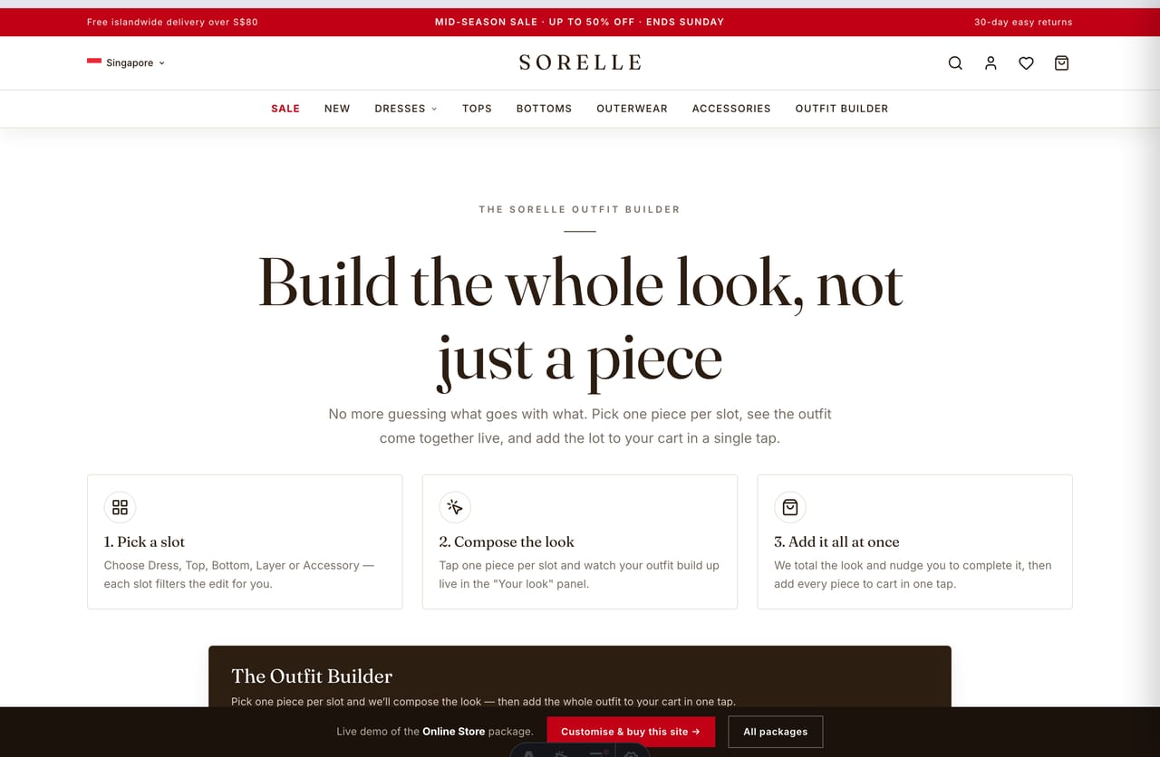 Interactive Outfit Builder look-composer on the Sorelle Singapore womenswear store