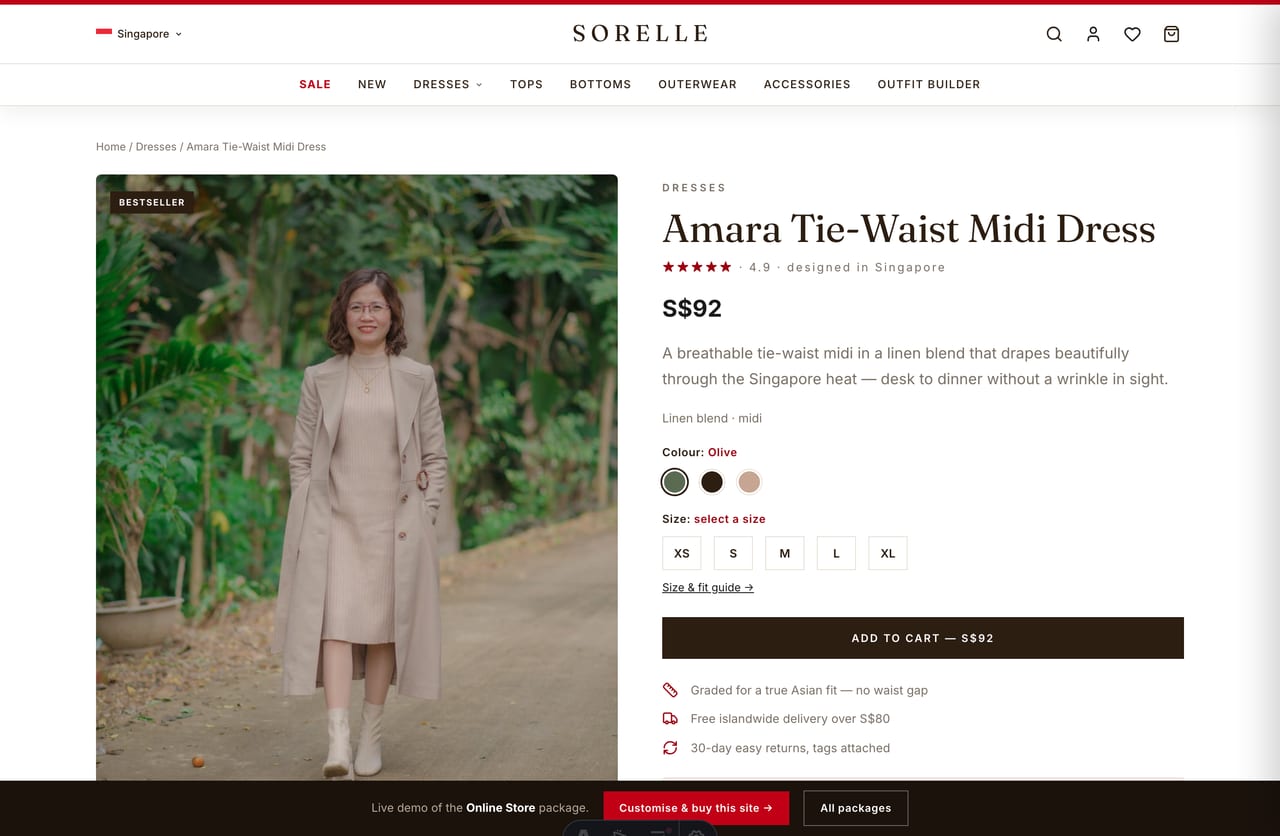 Womenswear product detail page with image, colour swatches, size selector and add-to-cart
