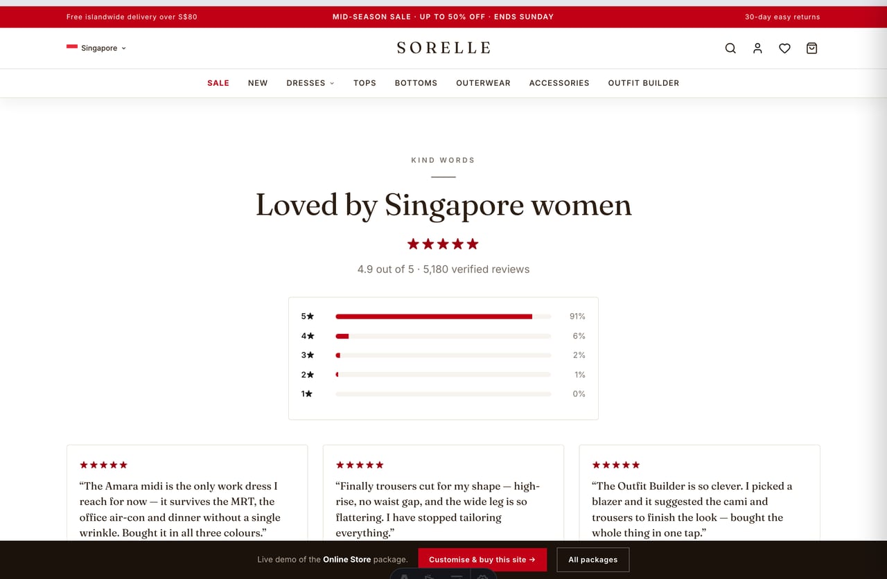 Singapore customer reviews and star ratings on the Sorelle womenswear brand website