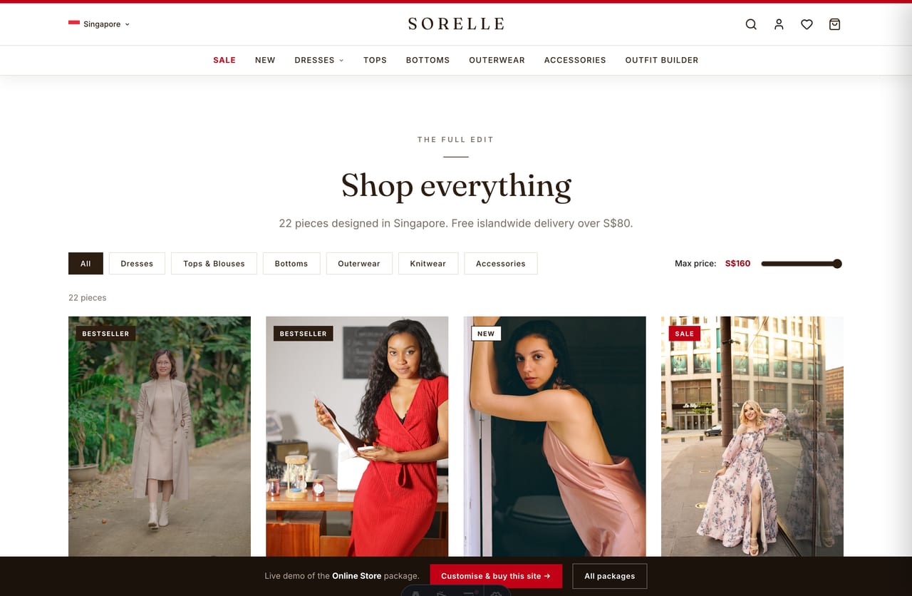 Womenswear shop page with filterable product grid, quick-add and SGD pricing