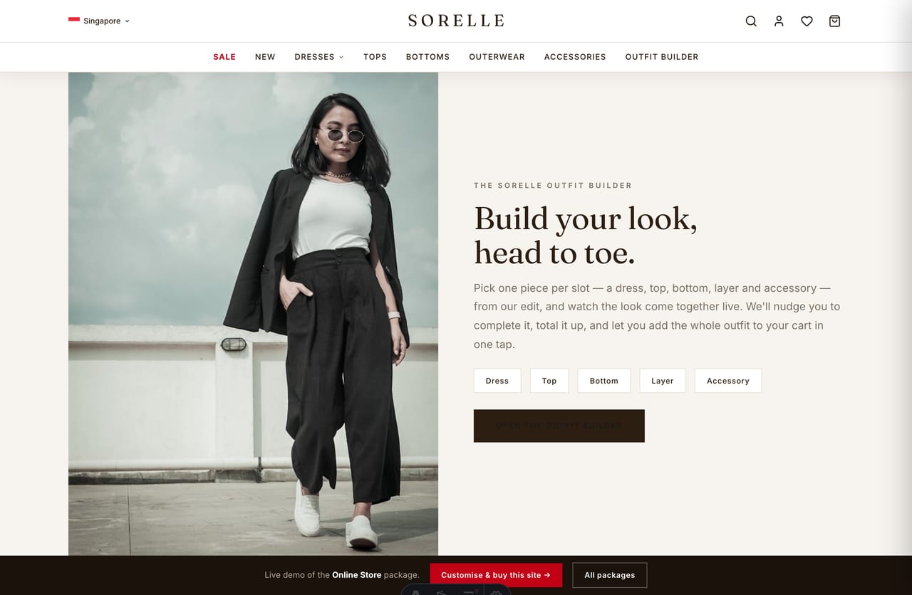 Designed-in-Singapore, true-fit and easy-returns trust block on a womenswear brand homepage